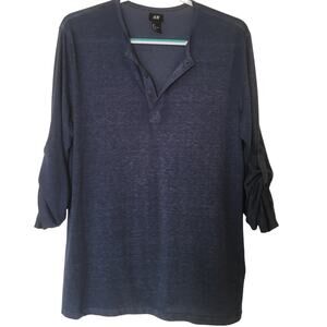 H&M Large V Neck Henley Long Sleeve Buttons to 3/4 Sleeve Heather Blue Top
